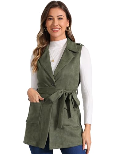 Allegra K Women's Faux Suede Vest Lapel Single Breasted Tie Belt Button Up Pockets Work Sleeveless Jacket