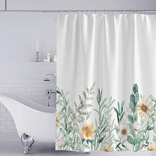 YISUN Cortina de ducha de poliéster, 1,8 m, tela de acuarela impermeable, lavable, cortina de ducha con 12 ganchos (verde, poliéster)