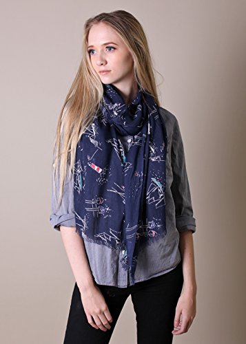 Anika Dali Whimsical Sailboat Lighthouse Nautical Print Scarf, Navy Blue2