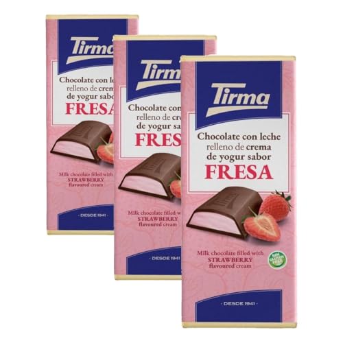 Tirma Tableta de Chocolate con Leche Rellena de Crema de Yogur y Sabor a Fresa, 103g - Chocolate Cremoso con Relleno de Fruta, Perfecto para Postres y Snacks (Paquete de 3)