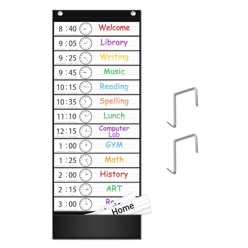 EAMAY Daily Schedule Pocket Charts, Teacher Schedule Chart with Resuable 18 Custom Cards, Classroom Pocket Chart for School Office or Homeschool Activities, Black