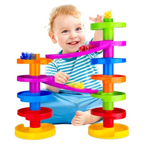WEofferwhatYOUwant Kugelbahn Montessori mit Brücke – Bunte Murmelbahn ab 1 Jahr für Babys & Kleinkinder – Rollbahn Lernspielzeug zur Motorikförderung, Spaß & Koordination