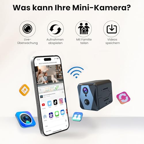 aidowocam Mini Kamera 4K Kamera Überwachung Innen mit 64G SD WLAN Überwachungskamera Innen,WiFi Camera Live Übertragung Handy APP Für Lange Standby Akku Kamera,Bewegungsmelder Nachtsicht