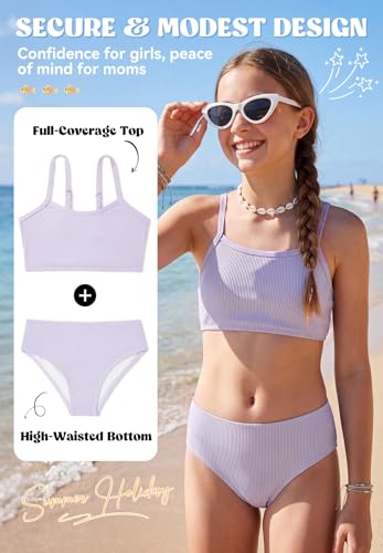 Image of Zando 2 Piece Ribbed Swimsuits for Teen Girls Kids Size 6-15 Years High Waisted Solid Cute Bikini for Summer Beach Wear