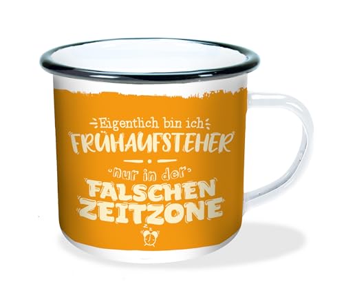 Emaille-Becher 'Falsche Zeitzone' 300ml: in Geschenkverpackung! Bruchsicher, auch für Camping und Picknick (Geschirr)