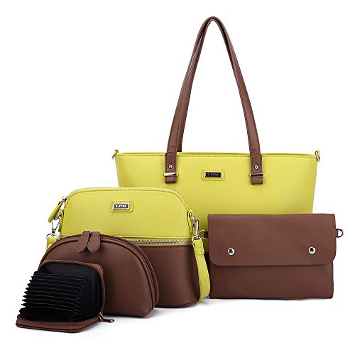 Women Fashion Handbags Tote Bag Shoulder Bag Top Handle Satchel Purse Set 5pcs (2061P#K122#336/865 YELLOW/BROWN)