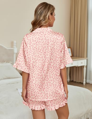 Image of Ekouaer Womens Satin Pajamas Set 2 Piece Button Down Silk Pjs Ruffle Short Sleeve Shorts Set Notch Collar Sleepwear
