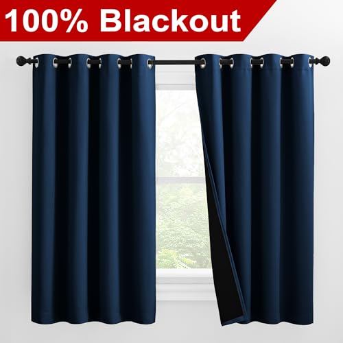 Image of NICETOWN 100% Blackout Curtains with Black Liners, Thermal Insulated Full Blackout 2-Layer Lined Drapes, Noise Cancellation Window Draperies for Dining Room (Moroccan Blue, 2 Panels, 55 inch W by 57 inch L)