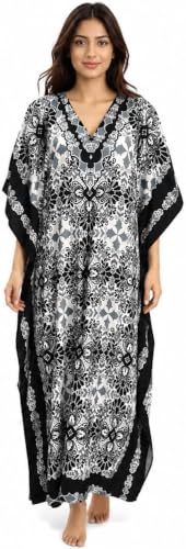 Image of Shah Crafts.Women's Kaftan Dress Maxi Long Dress Night Gown Kimono Caftans Dresses 3/4 Sleeve Top Nightdress Plus size Ladies Evening Dress Color-Black