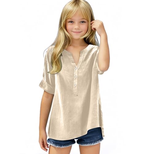 5-15T Baby Girls Linen Shirts Fashion Solid Color Short Sleeves V-Neck T-Shirts Soft Comfy Summer Blouse Tops