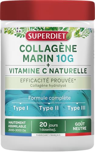 SUPERDIET - COLLAGÈNE MARIN + VITAMINE C NATURELLE - Sans arôme - Peau, articulations, muscles - Fabrication française - Poudre 210g