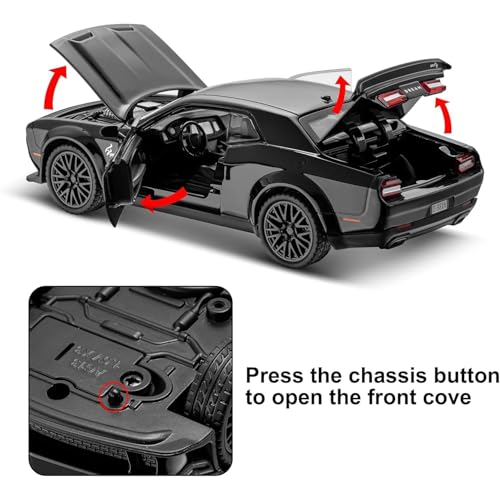 Image of Hellcat Toy Car 1:24 Scale Dodge Challenger Collection Diecast Metal Toy Model Car for Kids Light Sound Pull Back Openable Door