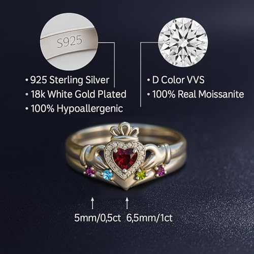 Personalized Heart Shaped Moissanite Halo Ring, 5 Birthstones 925 Sterling Silver Plated Simulated Diamond Ring with Royal Band Setting for Mom Engagement Wedding Birthday Mother's Day Gift2