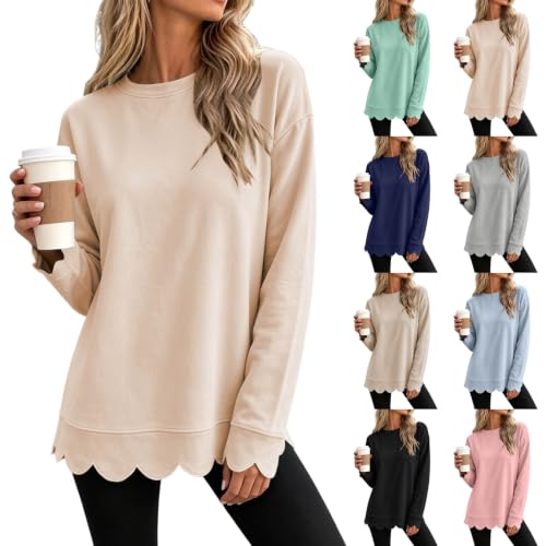 Womens Scalloped Sweatshirt Crewneck Oversized Casual Pullover Tops - image 1