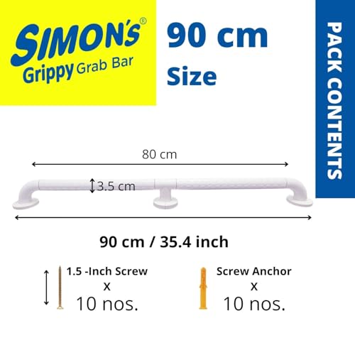 Image of Simon's Grippy Heavy-Duty Nylon and SS304 Inside Bathroom and Toilet Anti Slip Grab bar with 2 Legs for Elderly Hand Railing and Safety Handle| White | 3.5 cm Broad, 90 cm Length Grab Rail - 1pc
