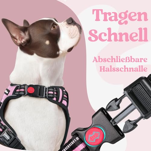 rabbitgoo Hundegeschirr Grosse Hunde, Verstellbare Geschirr Hund ohne Zug & Würgen, Anti Zug Hundegeschirr mit Griff, weich Gepolsterte Reflektierende Brustgeschirr, Rosa L
