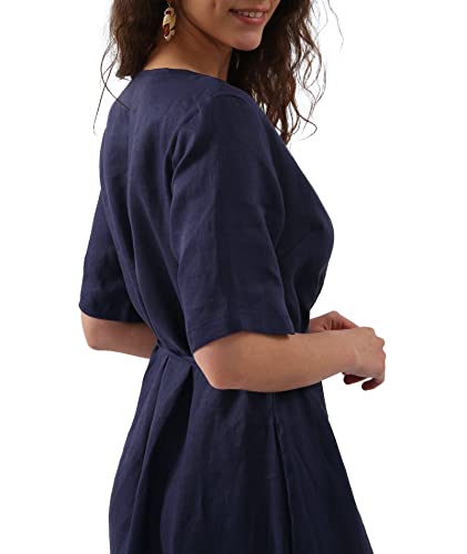 Amazhiyu Womens Pure Linen Summer Short Sleeve Wrap Midi Dresses with Pockets4