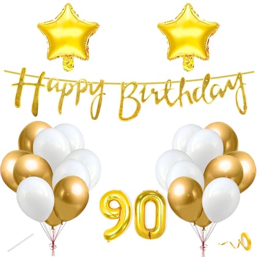 Image of Flyloons 90th Happy Birthday Decoration Kit Gold White for Boys Girls Men Women Adults With 20 Pcs Chrome Balloons Birthday Banner 2 Pcs Star Items Set Golden