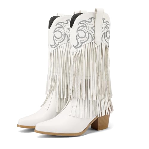 MRKEWUNEY Fringe Cowboy Boots for Women Knee High Western Boots Pointy Toe Block Heel Tassel Cowgirls Boots2