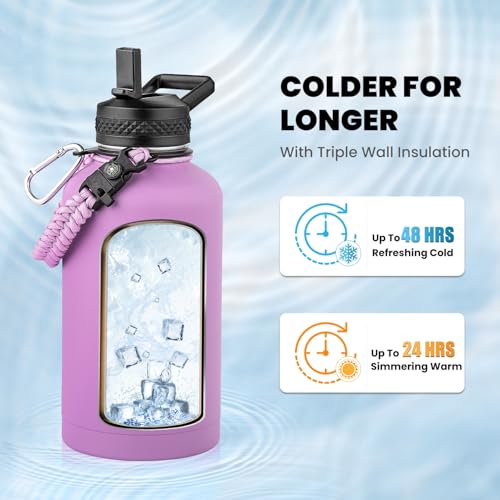 Image of RAYMYLO Insulated Water Bottle 64 oz, Triple Wall Vacuum Stainless Steel (Cold for 48 Hrs), Leak Proof & Non-BPA, Half Gallon Water Flask Jug with Paracord Handle & Straw Spout Lids, Lilac