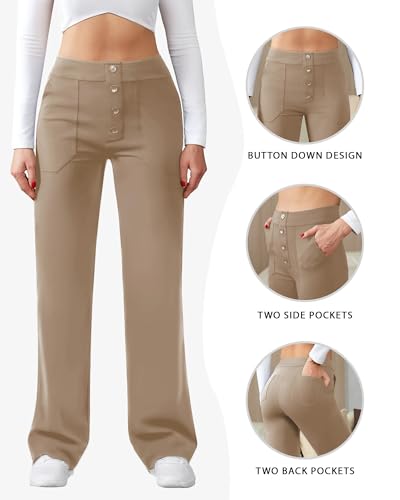 Image of JEKAOYI Womens Casual High Waist Straight Leg Pants Stretchy Button Business Dress Work Pocket Trousers