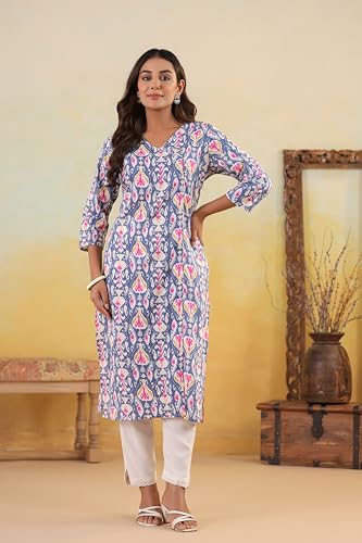 Image of Ichaa Women's Cotton Kurta | Printed Straight Kurta | V-Neck, 3 /4th Sleeve, Ethnic Wear