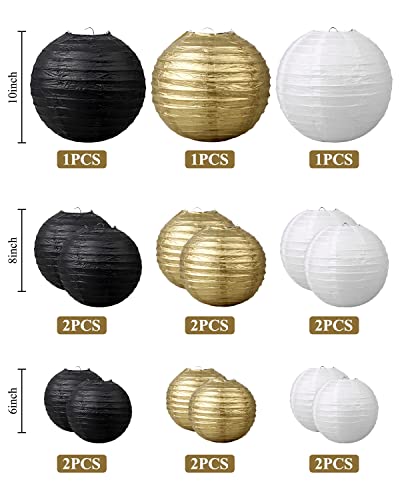 Image of VIJIV 15pcs /Lot Paper Lanterns for Wedding Party, 6 inch 8 inch 10 inch Mixed Size Decorative Round Chinese Lanterns Engagement Anniversary 21st Birthday Baby Shower Hanging Sky Decorations (Black,Gold,White)