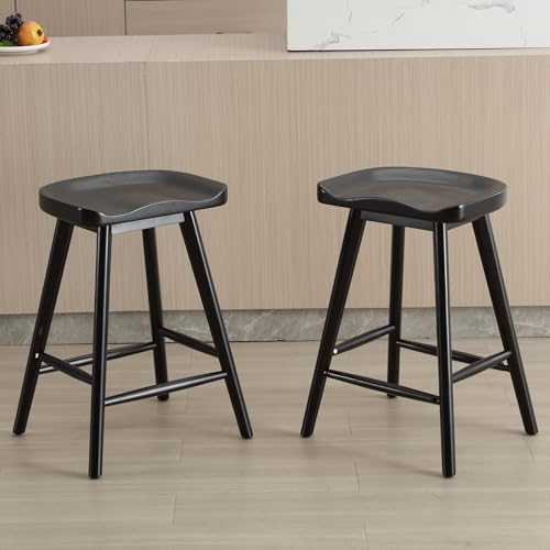 Image of HNY Backless Black Bar Stools Set of 2, Modern Counter Height Barstools 24 Inch Rustic Farmhouse Bar Height Saddle Stools with Ergonomic Seat, Wooden Stools for Kitchen Counter Island