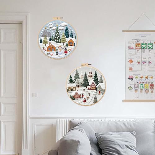 Image of Offizon Christmas Embroidery Kit for Beginners, 2 PCS Starter Cross Stitches, Winter Night Santa Handicrafts, Merry Chistmas