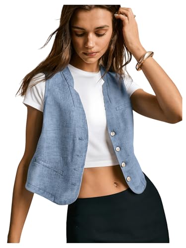 OYOANGLE Women's Button Down Linen Vest Top Sleeveless V Neck Lightweight Vest Jacket
