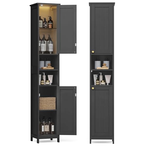 Image of VASAGLE Tall Storage Cabinet with Lights, Slim Freestanding Cabinet with Adjustable Shelves, for Small Spaces, Bathroom, Living Room, Modern, 11.8 Inches Wide, Ink Black UBBK566BC01S