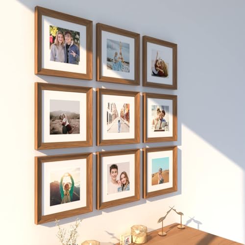 Image of Art Street Wooden Photo Frame for living room, Aesthetic Cave Design Photo Frames for Photograph, Art Work, Certificates Set of 9 (8x8 Inch, Wood Brown)