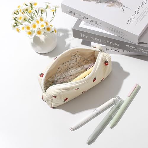 Image of Pencil Case Lightweight Aesthetic Pen Case Office College School Storage Bag Pouch Holder Box Organizer Makeup Pouch Cosmetic Bag for Girls Boys Kids (Flowers-Beige strawberry)