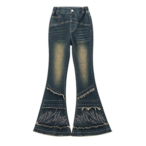 Kids Girl 𝗩intage Flared Jeans Elastic Waist Baggy Denim Pants Streetwear 𝗬2K 𝗥aw 𝗛em Trousers with Pocket