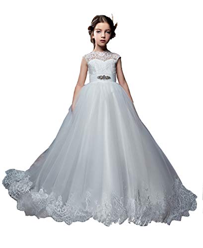 Lovely Princess Lace First Communion Dress White Long Flower Girls Dresses for Wedding 2020