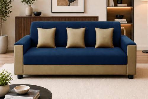 Image of Modern 3 Seater Sofa | Contemporary Upholstered Couch | Premium Cushioned Seating | Stylish Armrest Design | Comfortable Sofa for Living Room, Bedroom & Office - Blue + Beige Color