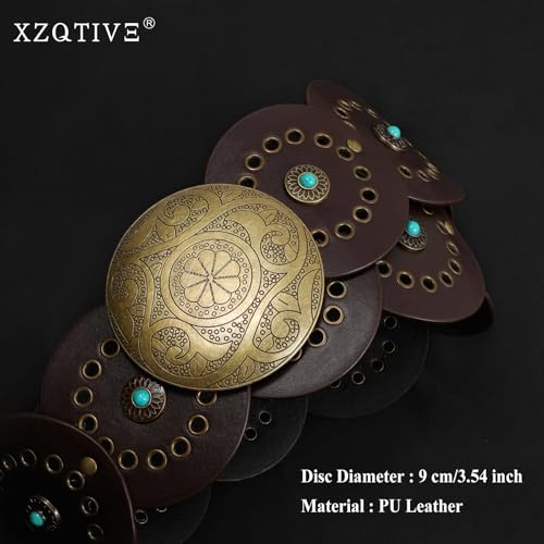 Image of XZQTIVE Western PU Leather Belts for Woman Concho Cowgirl Cowboy Disc Belt for Ladies Wide Boho Country Waist Belts for Dress