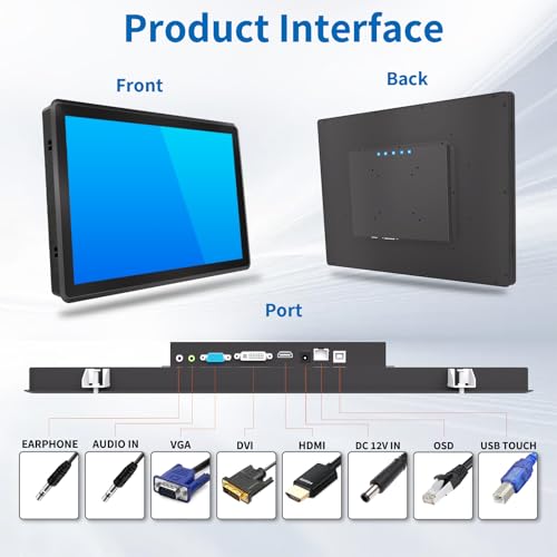 Image of 19 Inch Industrial Touch Screen Monitor, 10 Points Touch, Ratio 5:4 Capacitive PCAP Display, 1280x1024R, Active Matrix TFT LCD, LED Backlight, VGA, DVI, HD-MI Ports