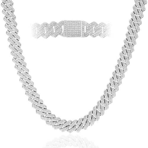 Mens Cuban Link Chain Iced Out Miami Cuban Necklace/Bracelet |14mm Silver & Gold Plated Chains | Bling Diamond Hip Hop Jewelry For Men Women