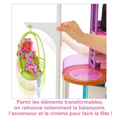 Barbie Coffret La Maison de Vacances (107 cm) à 2 Niveaux, avec 6 pièces, 1 Fauteuil Suspendu Servant d’Ascenseur et Plus de 30 Accessoires, Jouet Enfant, Dès 3 Ans, HCD50 – Image 5