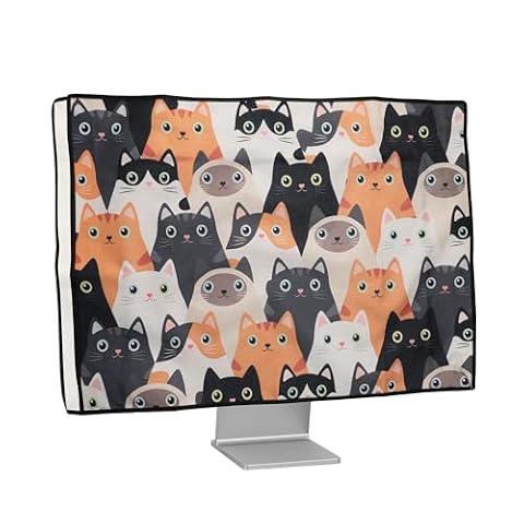 kwmobile Osłona przeciwpyłowa do monitora 78.7-81.3 cm, lniany ochraniacz na monitor z designem, koty pomarańczowy/czarny/biały