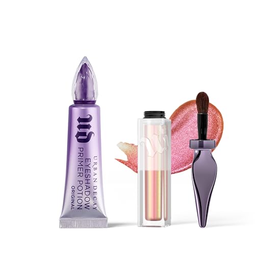 Urban Decay Eyeshadow Primer & Liquid Glitter Eyeshadow Bundle - Eyeshadow Primer Potion (0.3 Fl Oz) for Crease-free Eye Makeup - 24/7 Glaze-On Eyeshadow (Sunshine Tax) for Buildable Duo-Chrome Shimme