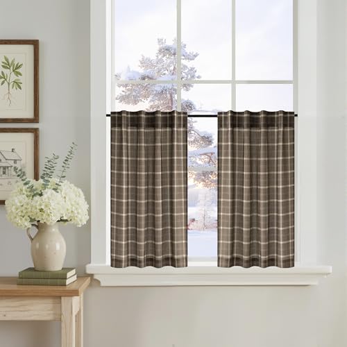 NICETOWN 2 Panels Linen Short Plaid Curtains 36 inches Long for Farmhouse Windows, Privacy Buffalo Check Light Filtering Rod Pocket Back Tab Cafe Half
