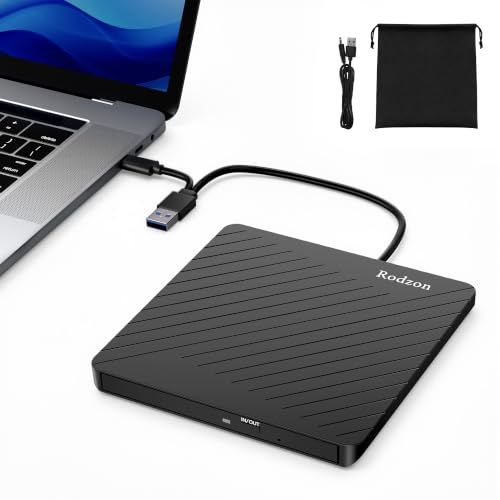 Rodzon Lector CD DVD Externo, USB 3.0 y Type C Portátil CD/DVD +/ RW, Grabadora CD DVD Externa para PC, Portátil, Escritorio, iMac, MacBook Pro/Air, Windows 11/10/8/7/XP/Vista, Linux, Mac OS