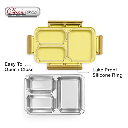 Image of Classic Steels Insulated 3-Compartment Stainless Steel Lunch Box for Kids & Adults | Leak-Proof Bento Box with Silicone Seal | BPA-Free & Food Grade, Yellow