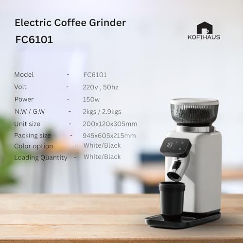 Image of KOFIHAUS Electric Coffee Grinder FC6101 - 150W Conical Burr Grinder with Adjustable Grind Settings, Digital Display & Large Bean Hopper - Professional Espresso & Coffee Grinder (White /Black)