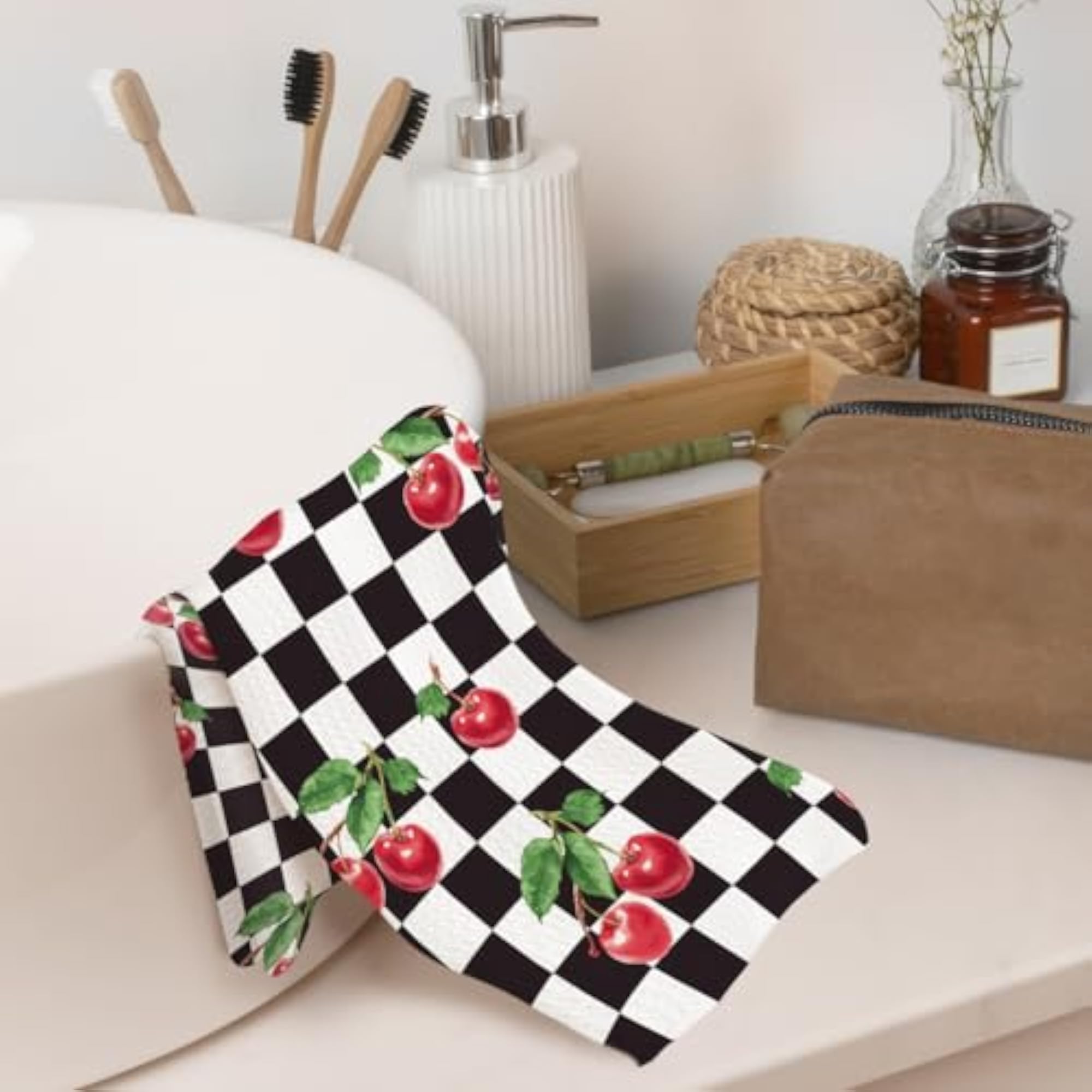 Black and White Checkered Cherry Kitchen Towels, Retro Decor