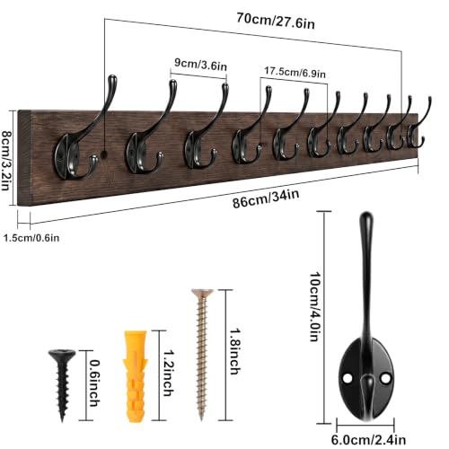 IBosins-Vintage-Wall-Mounted-Coat-Rack-34-Long-with-10-Black-Double-Hooks-Rustic-Wall-Mounted-Metal-Wood-Entryway-Hook-Rack-for-Scarf-Bag-Towel-Key-Cap-Cup-Hat