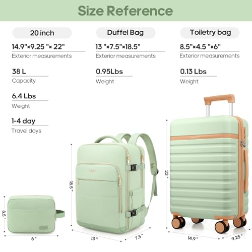 Image of Luggage Sets 3 Piece, Carry On Luggage 20In With Spinner Wheels,PC Hardside Suitcase Set with TSA Lock,Durable Carry On Suitcase With Travel Backpack for Men (Light Green, 3 piece set (BP /20inch))