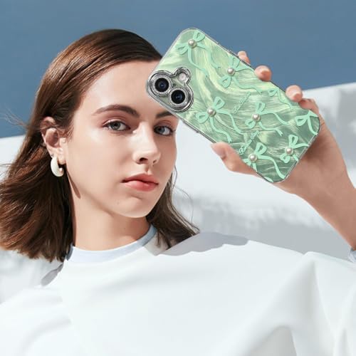 Image of VONZEE Compatible with iPhone 17 Case Luxury Pink Girly Cute 3D Bow Pearl Glitter Bling Case with Full Camera Protection Shockproof PC+TPU Glossy Shiny Cover for Girls Women, Green